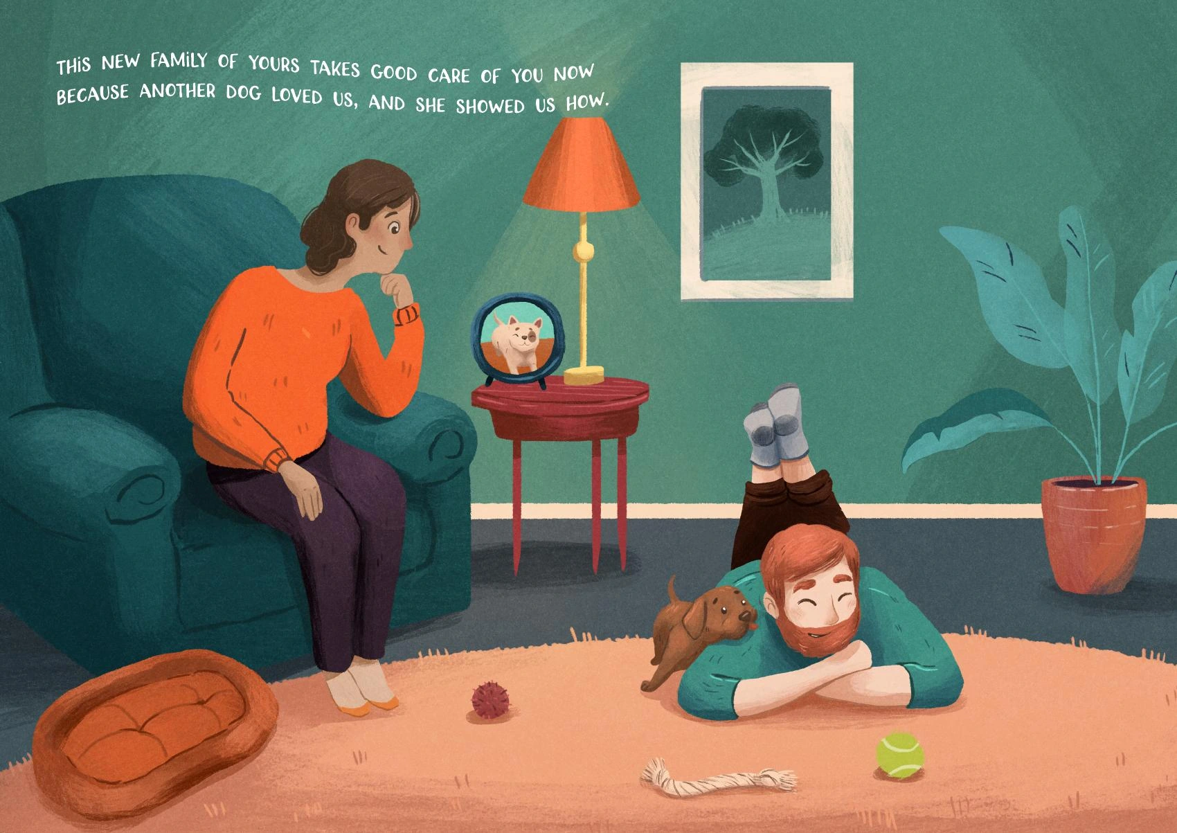The couple with a new dog at home, with the concluding text layout