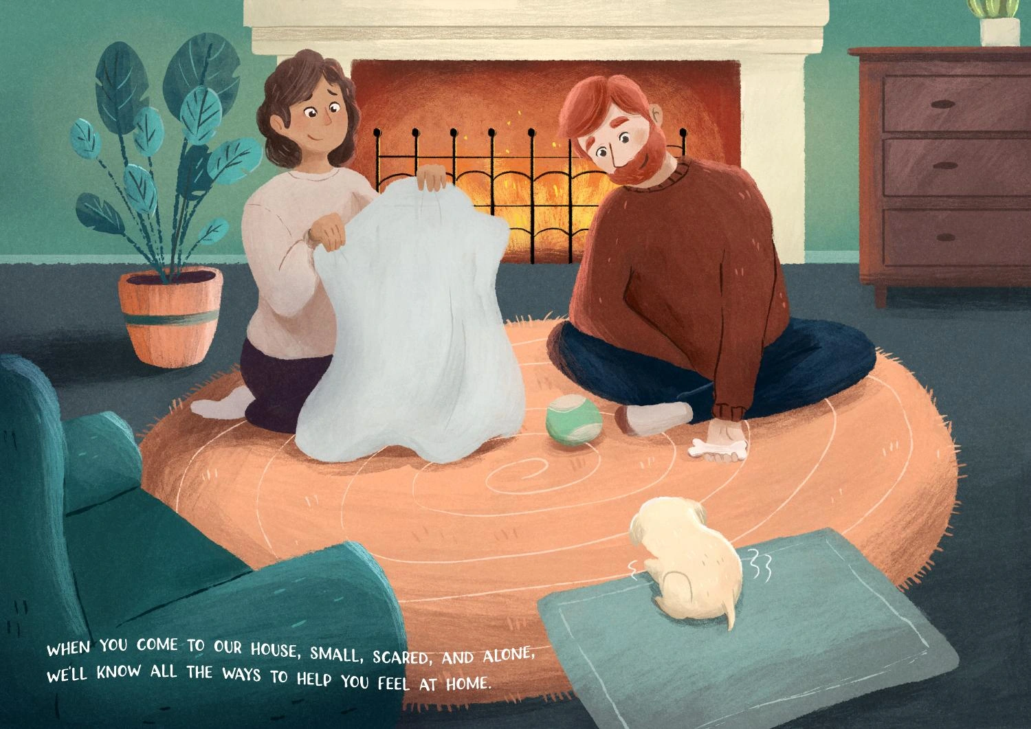 A couple welcoming a dog at home, with the finished text layout