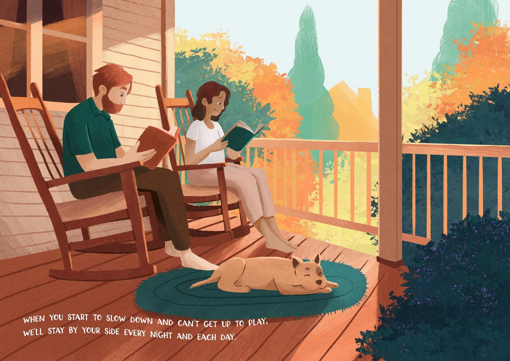 The couple reading on the porch beside an older dog, with text below