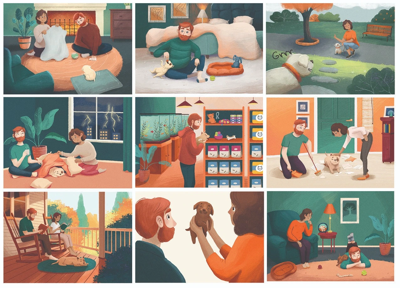 Nine finished scenes showing consistent characters, settings and colors across the story