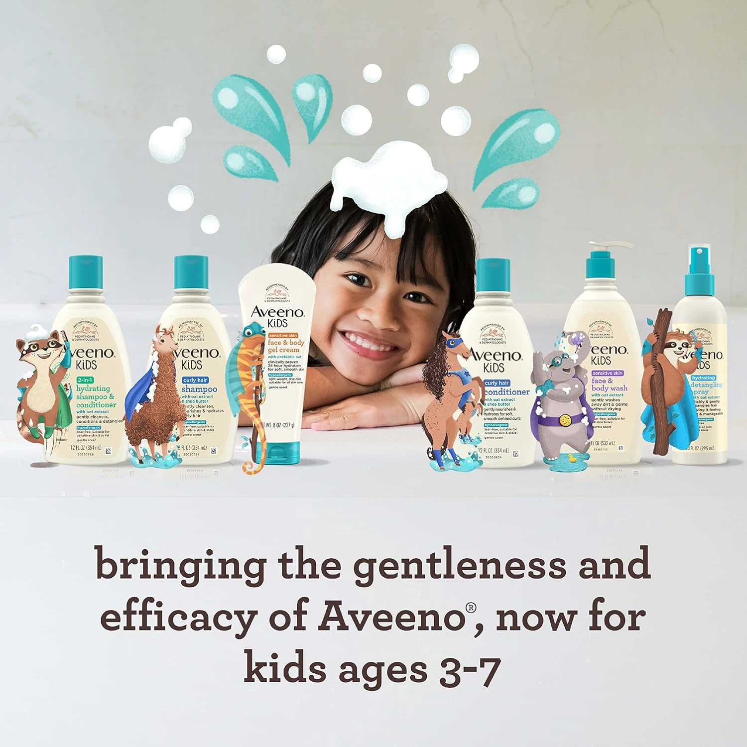 Aveeno Kids campaign featuring a child and the product range with original animal illustrations