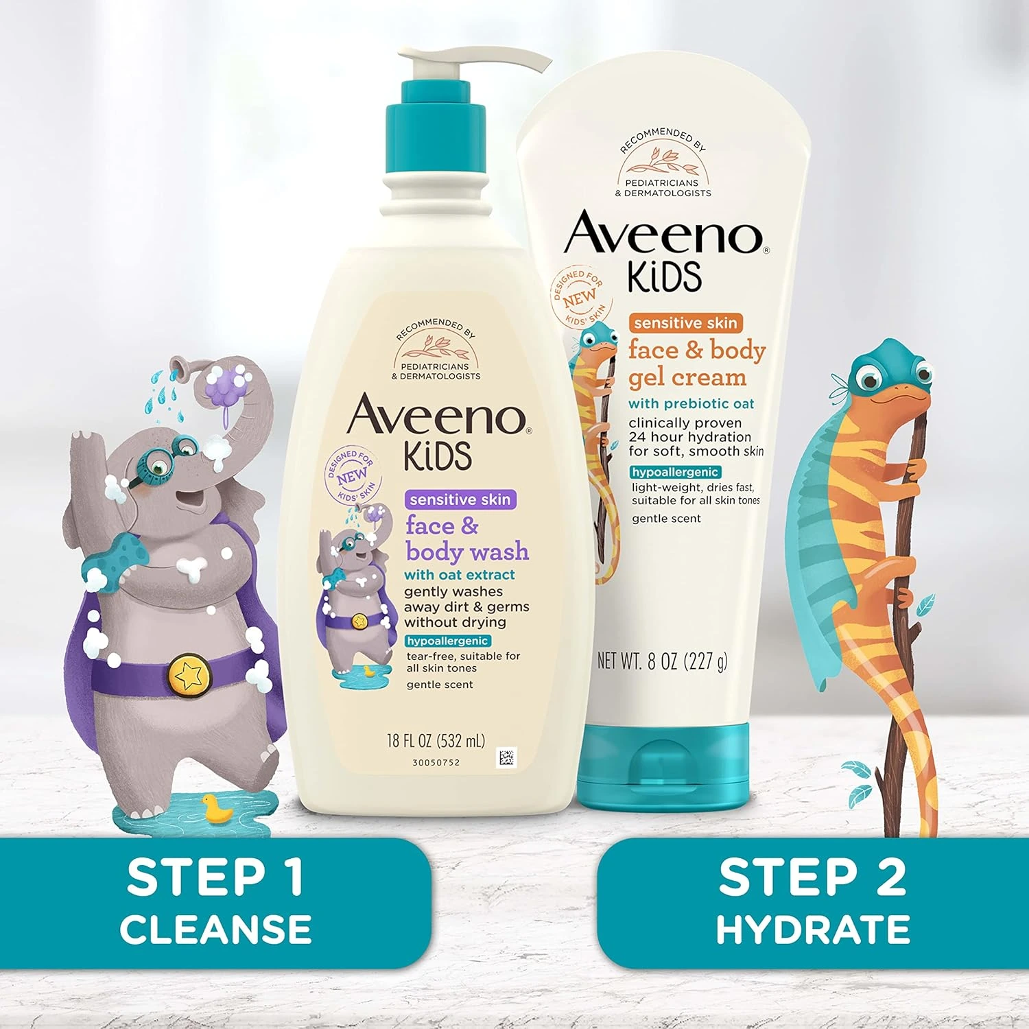 Elephant and chameleon illustrations alongside Aveeno Kids cleansing and moisturizing products