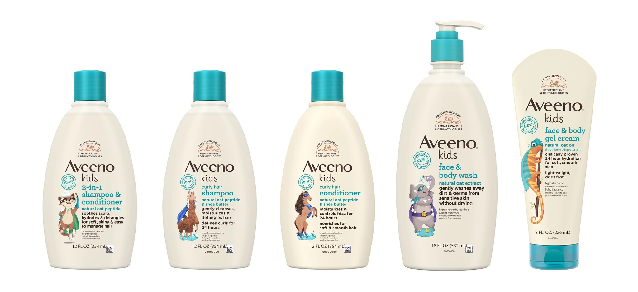 Aveeno Kids bottles showing the character illustrations across hair and body care packaging