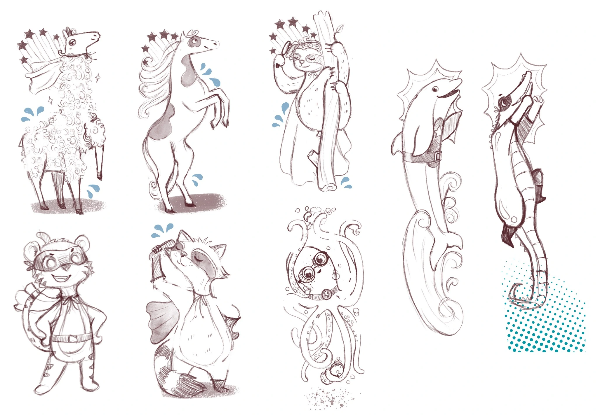 Pencil-style character explorations featuring animal heroes, capes, goggles and bath-time motifs