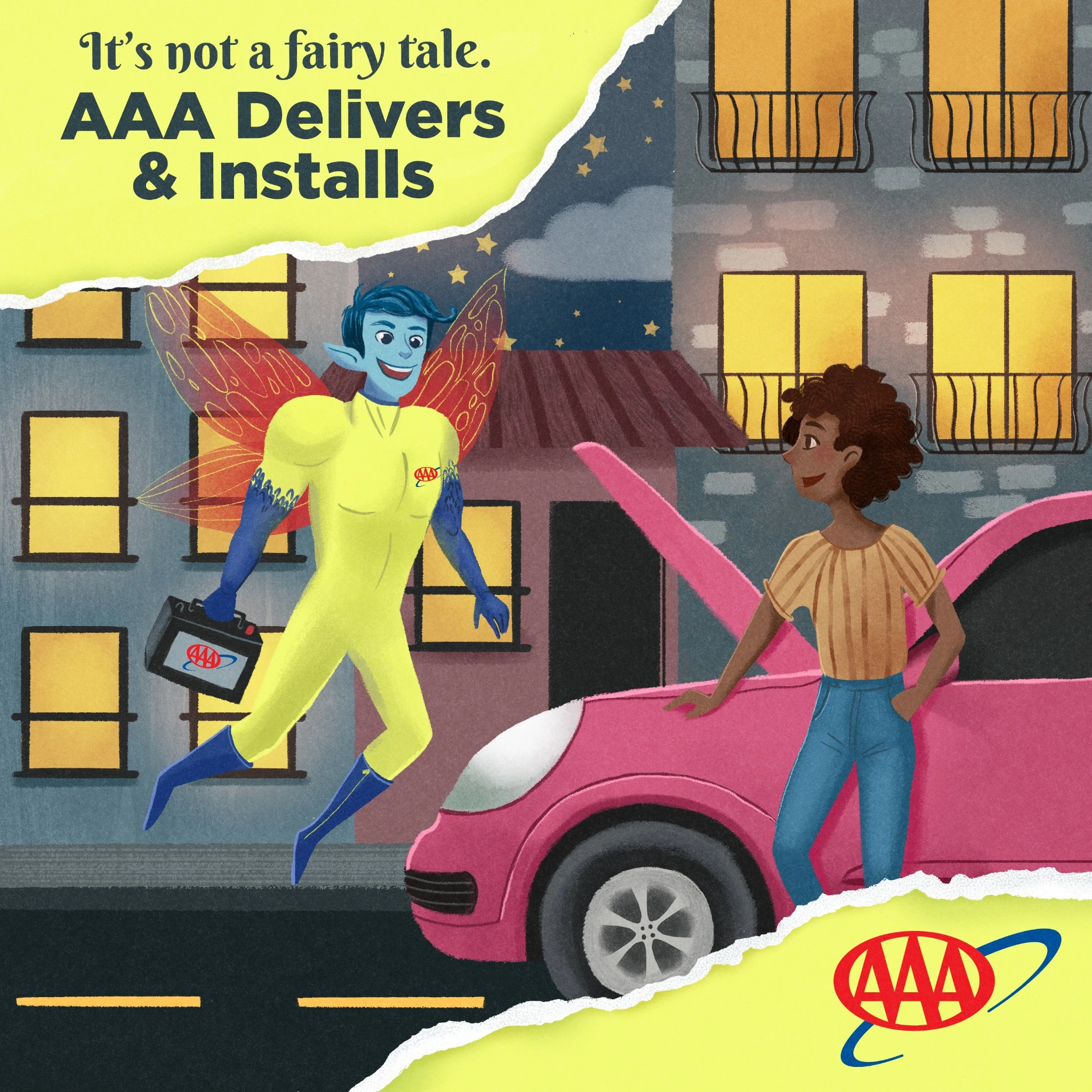 Winged AAA helper meeting a driver beside a pink car in a nighttime city campaign image