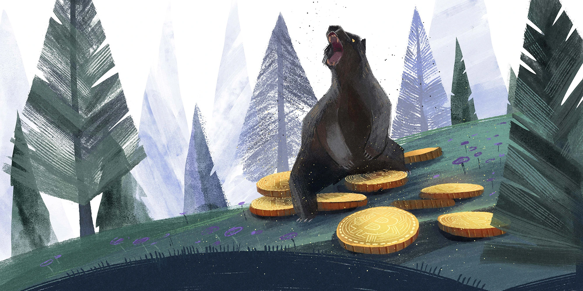 Roaring bear among gold Bitcoin coins in a textured evergreen forest