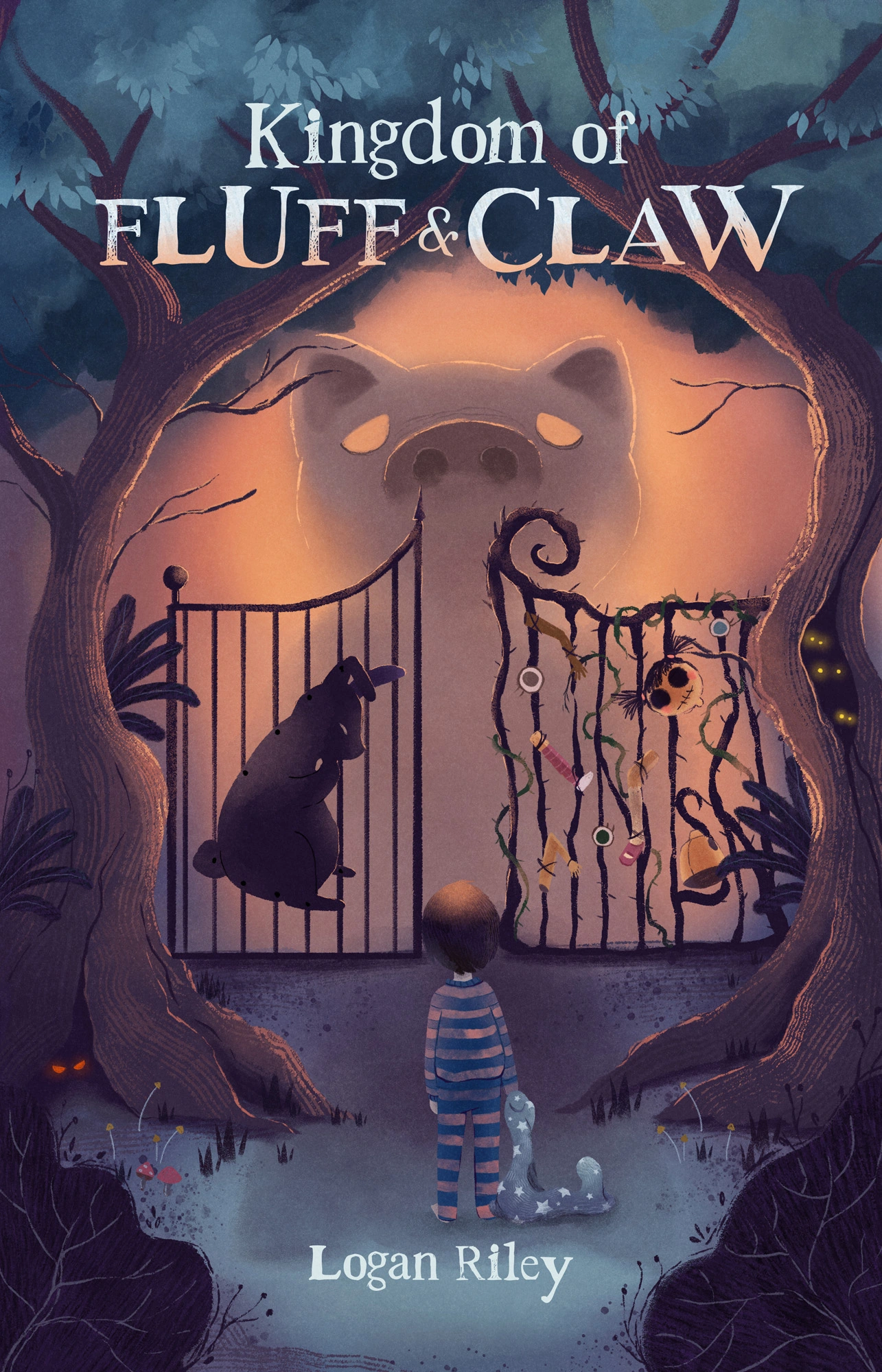 Kingdom of Fluff & Claw front cover: a child and stuffed toy facing fantastical forest gates beneath a glowing creature