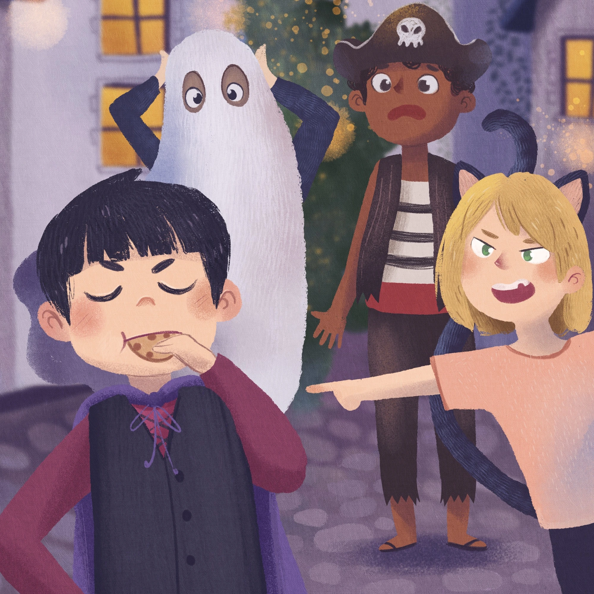 Costumed children reacting as their vampire friend sneaks a cookie