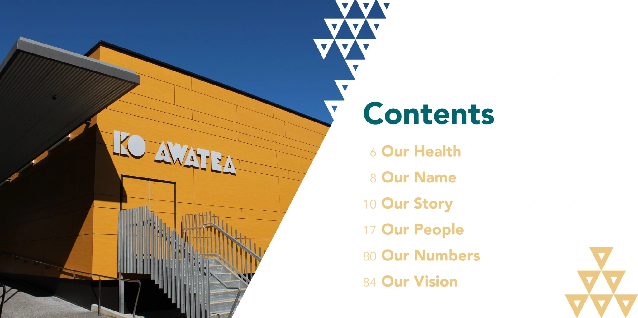 Contents spread with architectural photography, teal and gold typography and triangular motifs