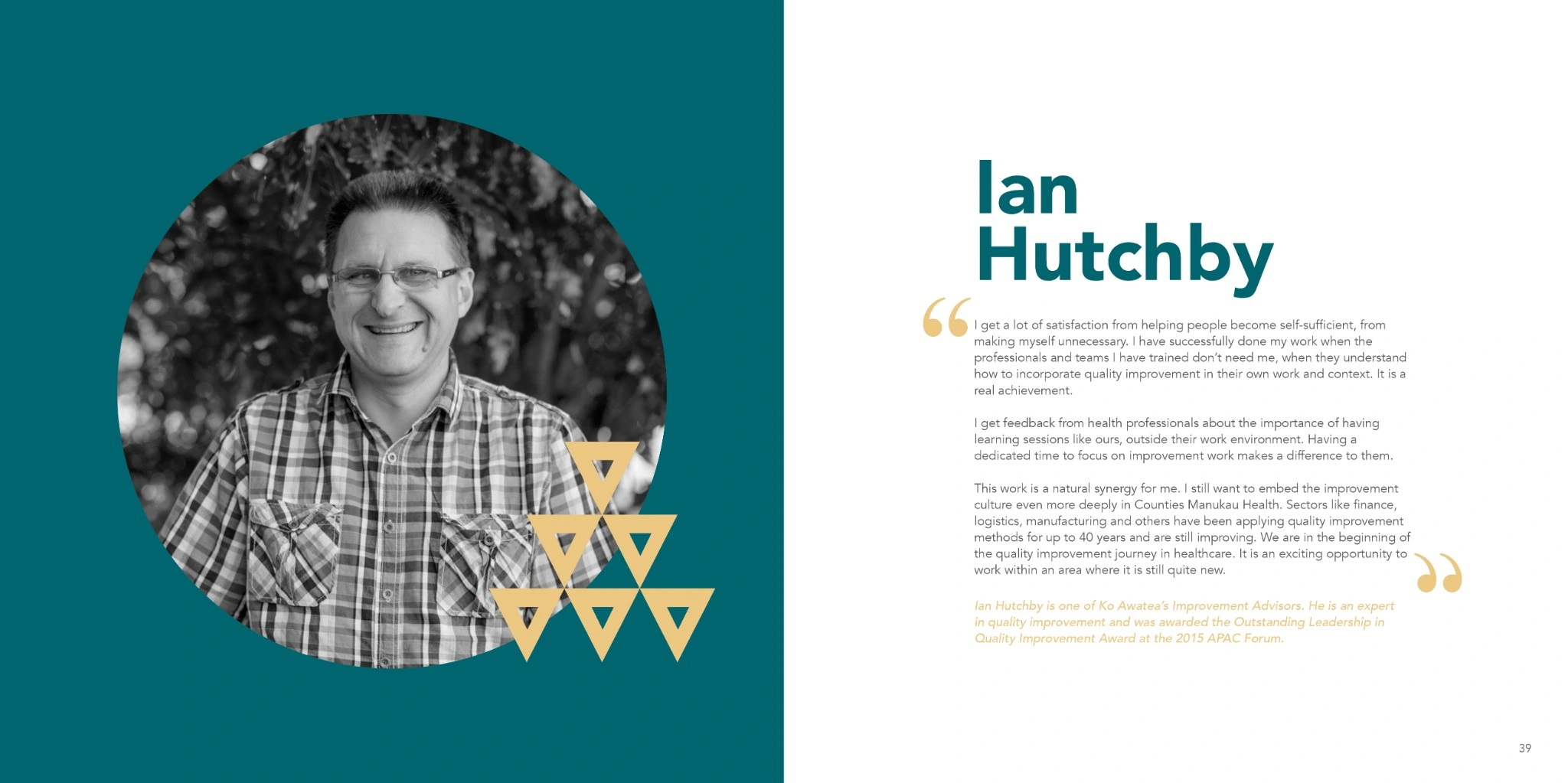 Ian Hutchby portrait spread on teal with circular image framing