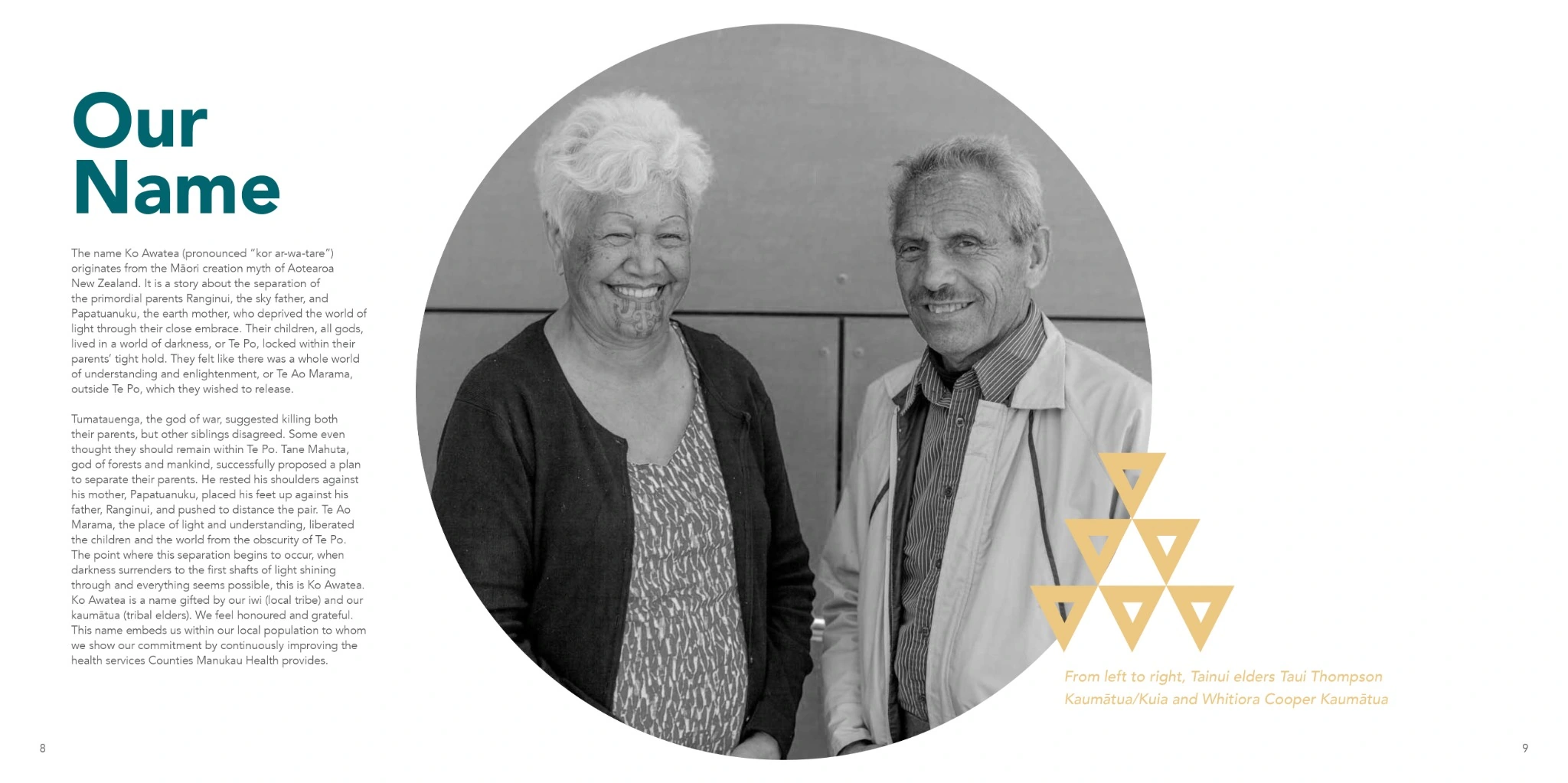 Our Name spread with a large circular black-and-white portrait of two elders and supporting text