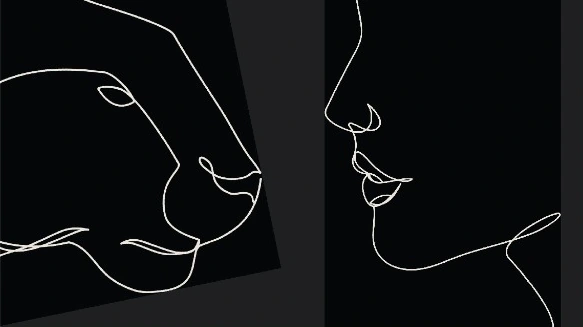 Fine line illustrations of a panther and a woman on black