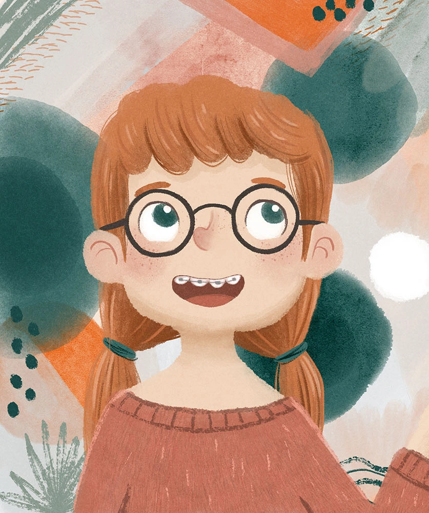 Smiling red-haired girl wearing round glasses and braces