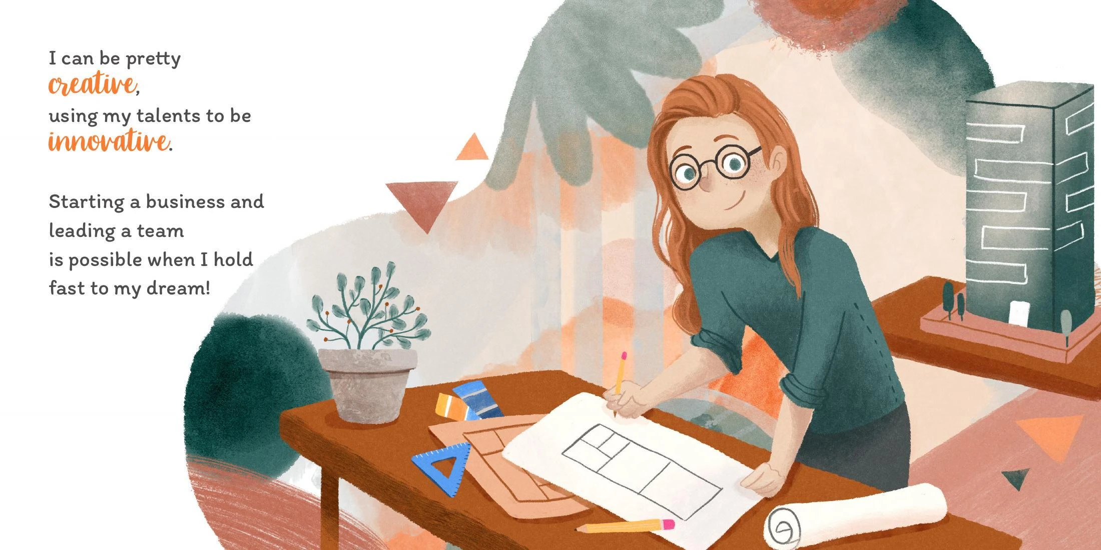 Girl designing at a desk, with the poem beside her