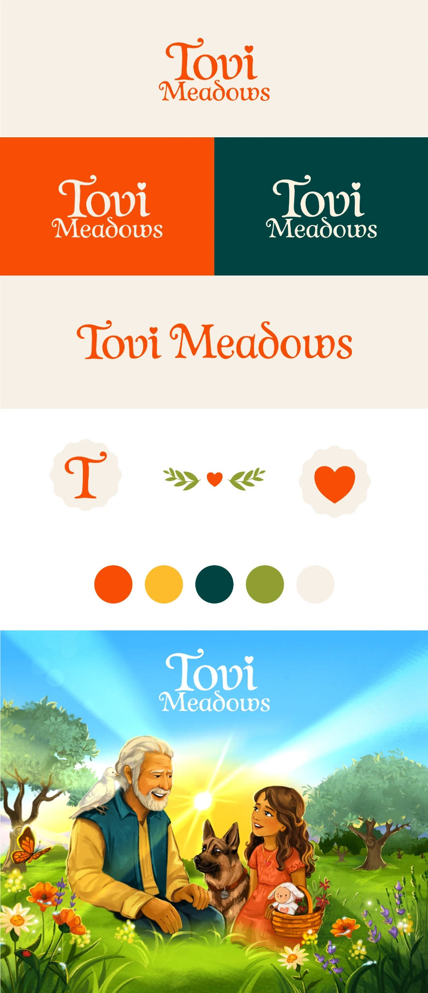 Tovi Meadows logo variations, decorative symbols, color palette and illustrated brand application