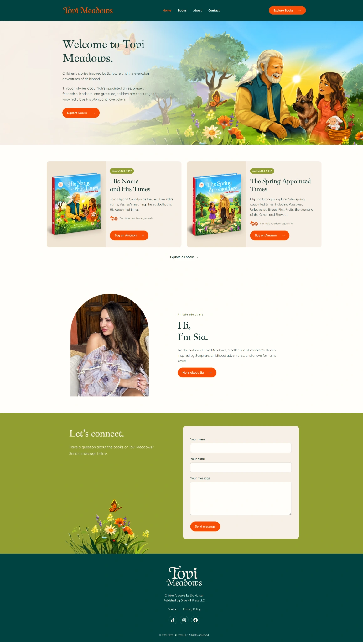 Tovi Meadows homepage with dark green header, illustrated welcome, two book cards, author introduction and contact area