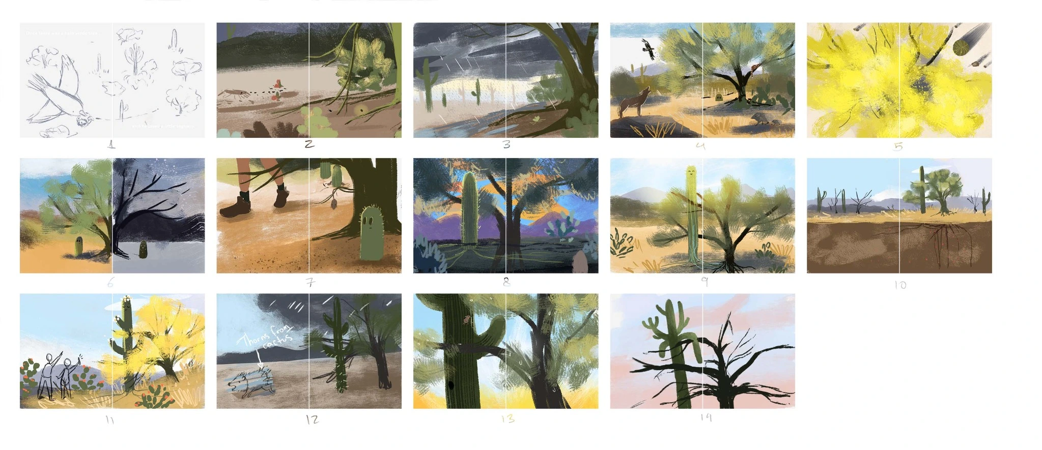 Fourteen storyboard compositions, including sketches and color studies for the desert scenes