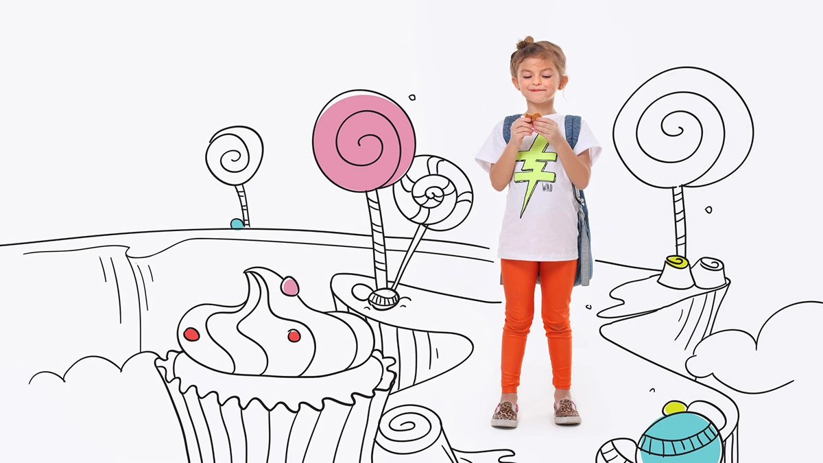 Child surrounded by illustrated cupcakes, lollipops and sweets