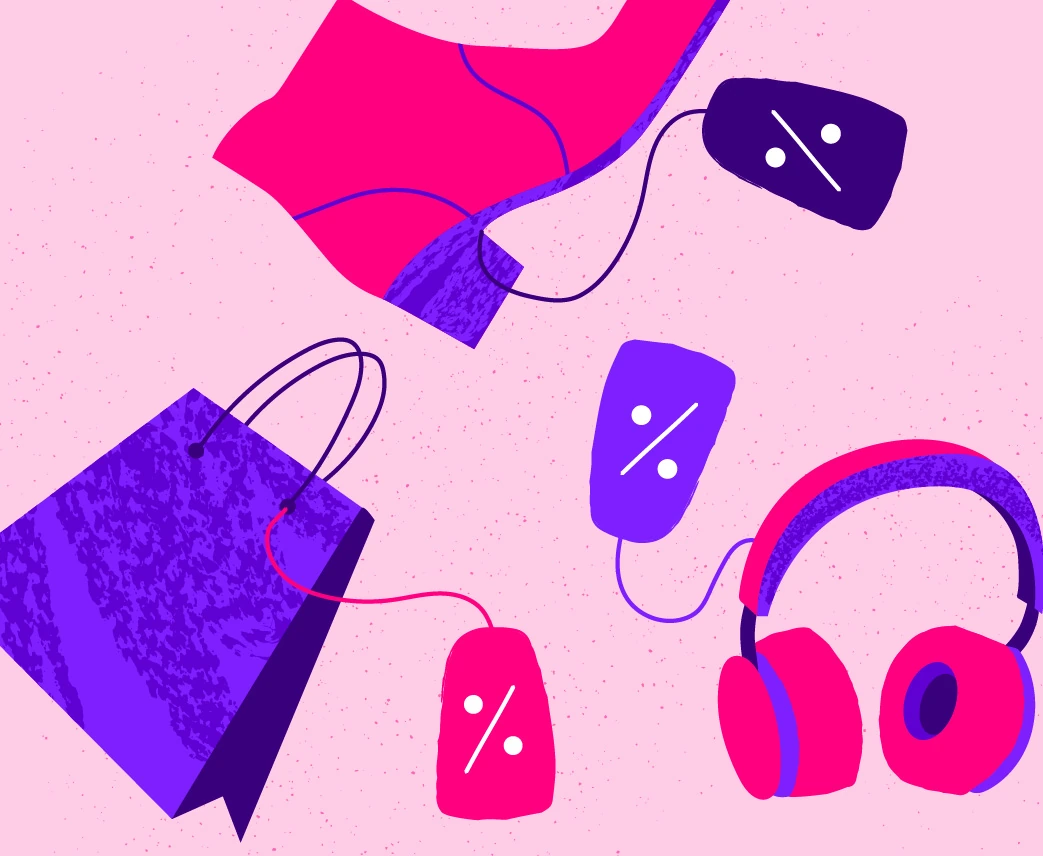 Shopping bags, headphones and sale tags in pink and purple