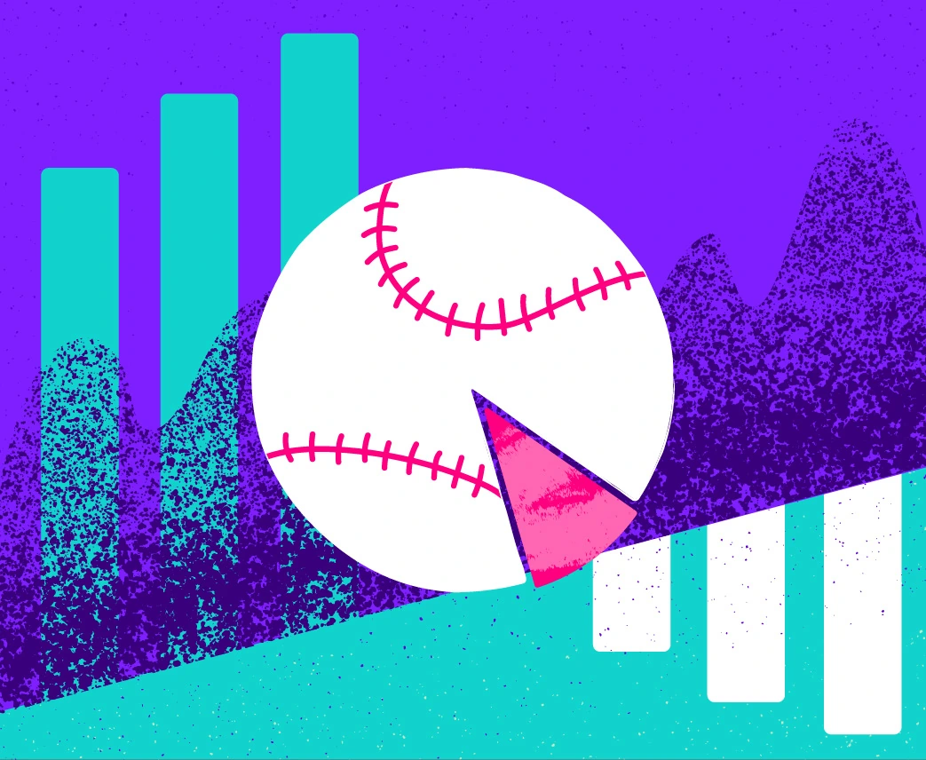A baseball combining a pie chart with financial graphs